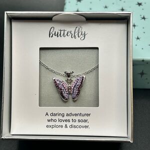 Butterfly Pendant Necklace Purple Pink Red Rhinestones New in Box!